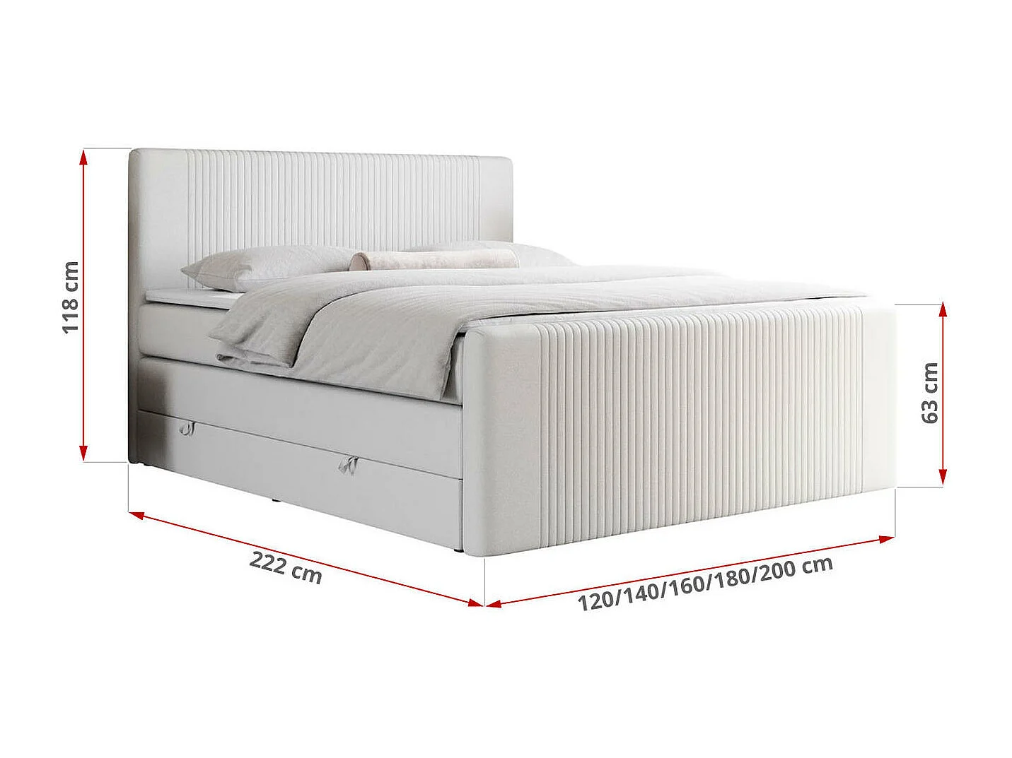 Boxspringbett DOREN KING - mit gesteppter Front und Kopfteil, zwei Multipocket-Matratzen und Topper, Doppelbett - 160x200 cm - H4 - Weiß Kunstleder