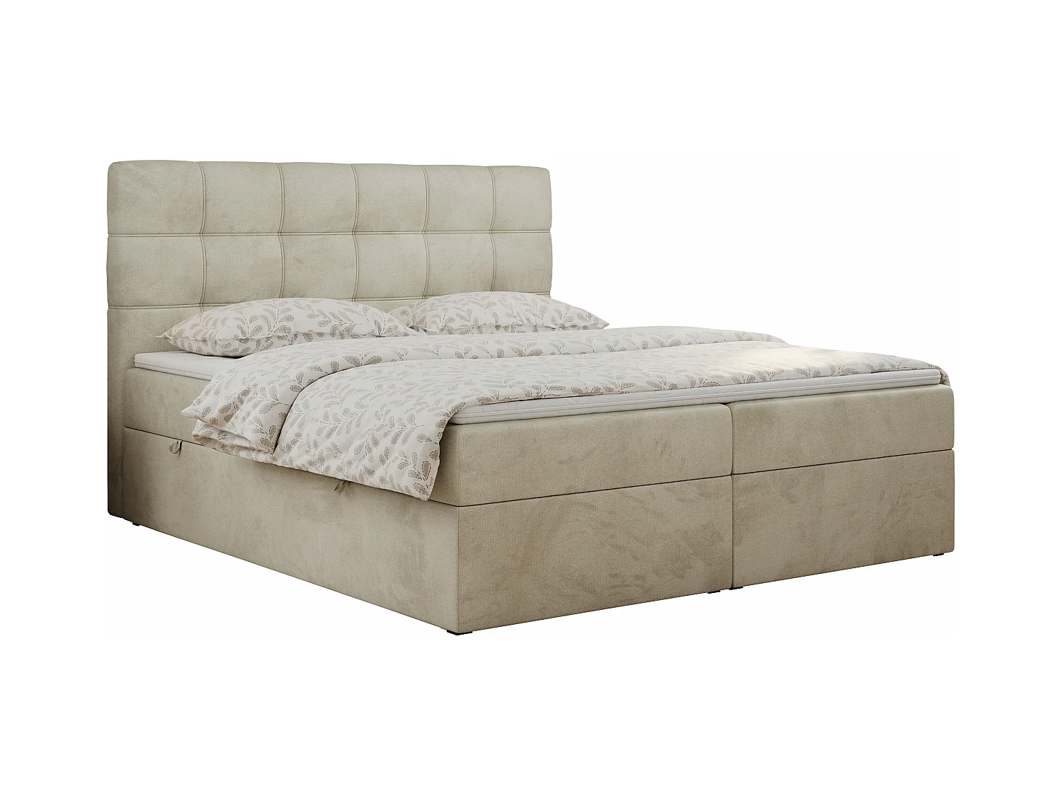 Boxspringbett ERNI - mit gestepptem Kopfteil, Polsterbett, Multipocket-Matratze und Topper, Bettkästen - 200x200 cm - H3 - Beige Velvet