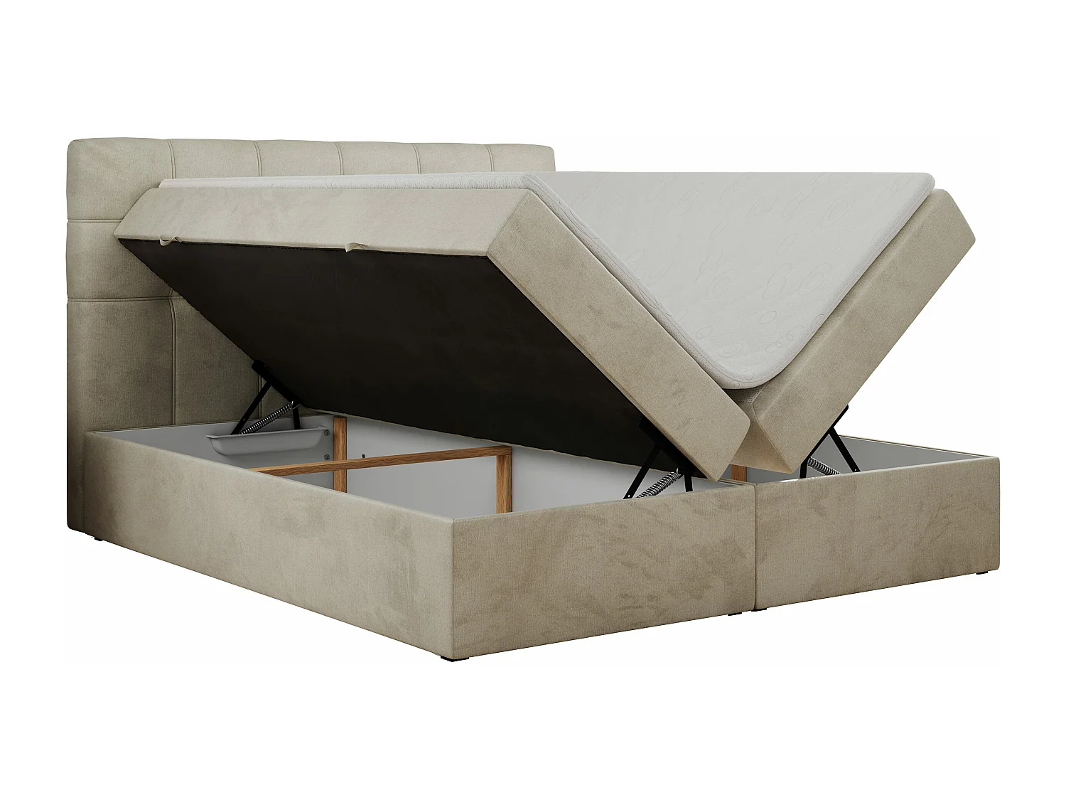 Boxspringbett ERNI - mit gestepptem Kopfteil, Polsterbett, Multipocket-Matratze und Topper, Bettkästen - 200x200 cm - H3 - Beige Velvet