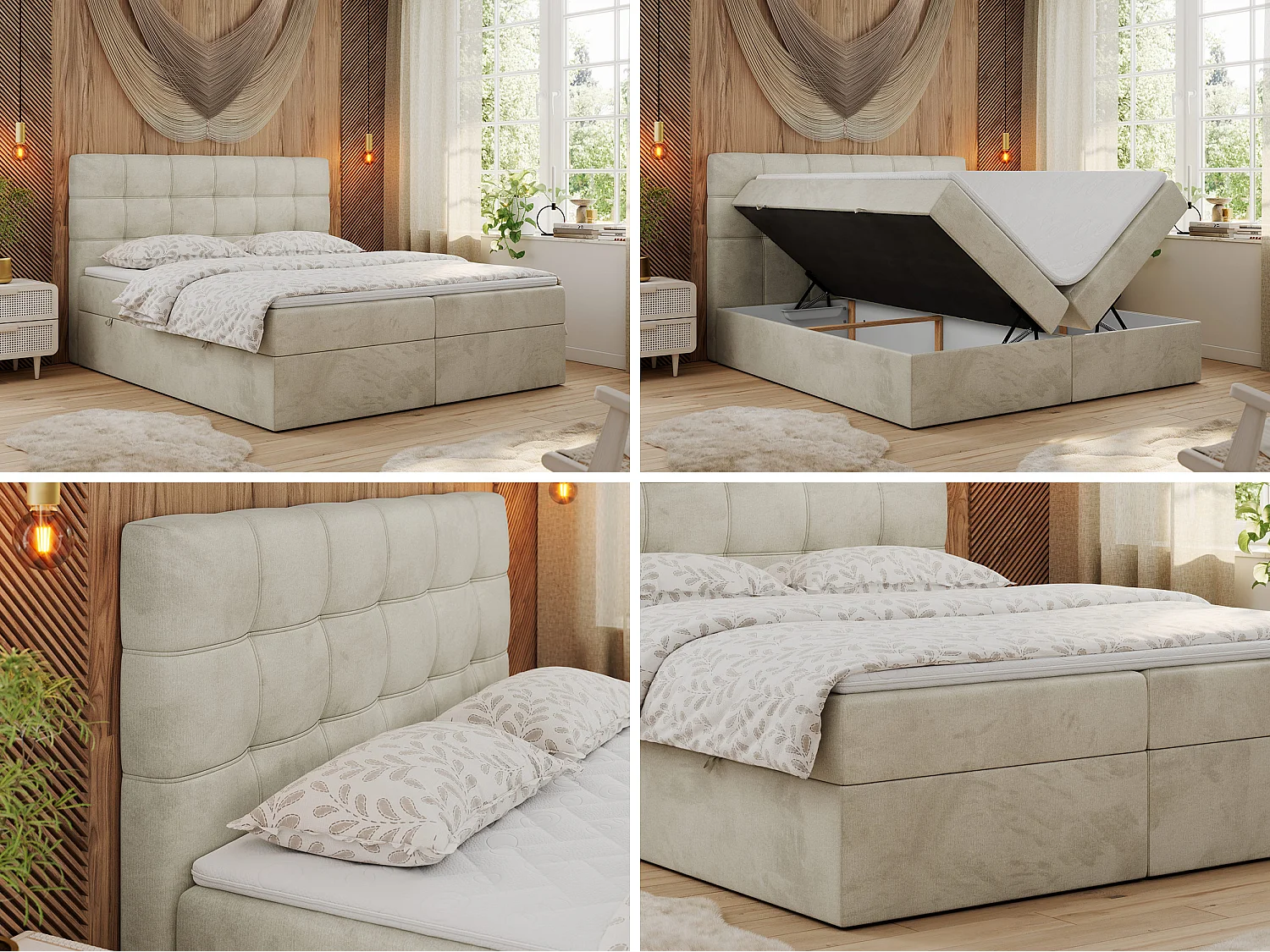 Lit boxspring - Dureté H3 + Topper T25 - Beige Velours - 200x200 - ERNI