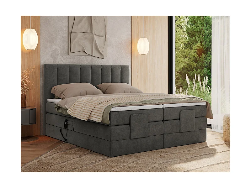 Boxspringbett COMFORTO - Doppelbett, Elektrisch verstellbare, Multipocket-Matratzen und Topper, genähtes Kopfteil - 160x200 cm - H3 - Dunkelgrau Velvet