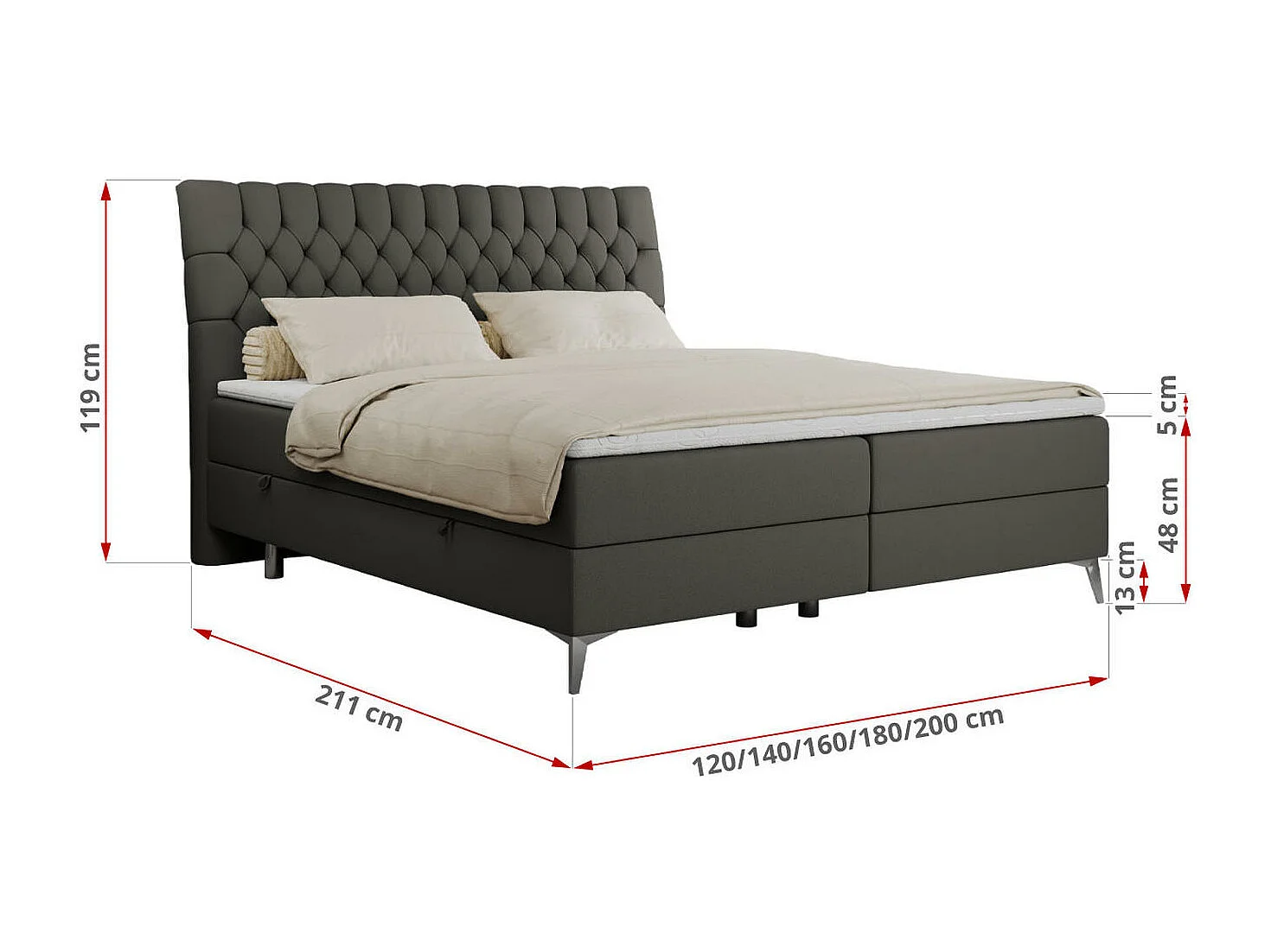 Boxspringbett MILEN - gepolstertes Schlafzimmerbett, zwei Multipocket-Matratze, dekorative hohe Beine - 180x200 cm - H4 - Dunkelgrau Kunstleder
