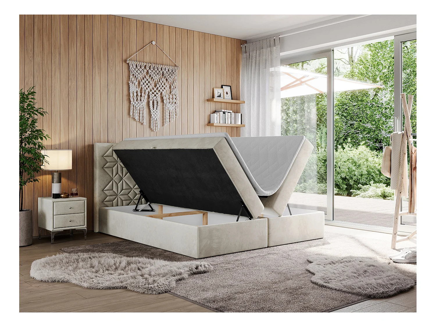 Boxspringbett LEILA - gestepptes Kopfteil,  7 Härtezonen Multipocket-Matratzen, Doppelbett mit Bettkästen - 140x200 cm - H4 - Beige Velvet