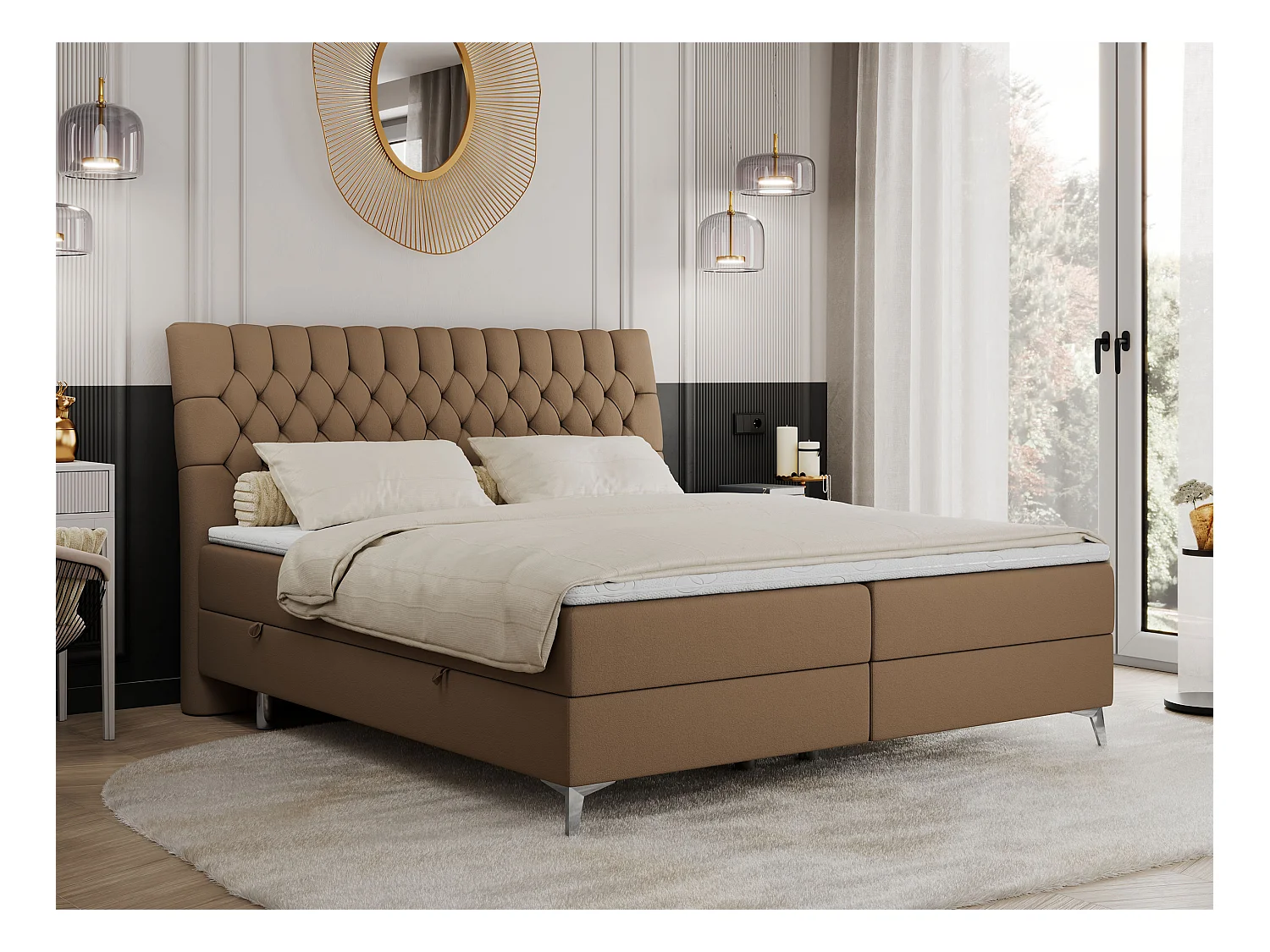 Boxspringbett MILEN - gepolstertes Schlafzimmerbett, zwei Multipocket-Matratze, dekorative hohe Beine - 180x200 cm - H4 - Braun Kunstleder