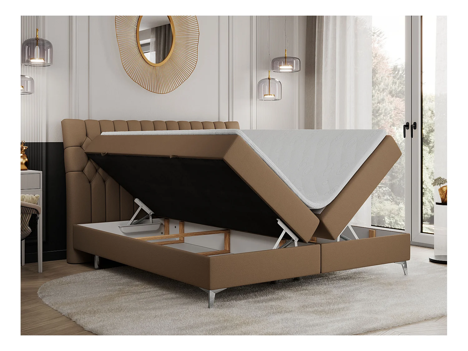 Boxspringbett MILEN - gepolstertes Schlafzimmerbett, zwei Multipocket-Matratze, dekorative hohe Beine - 180x200 cm - H4 - Braun Kunstleder