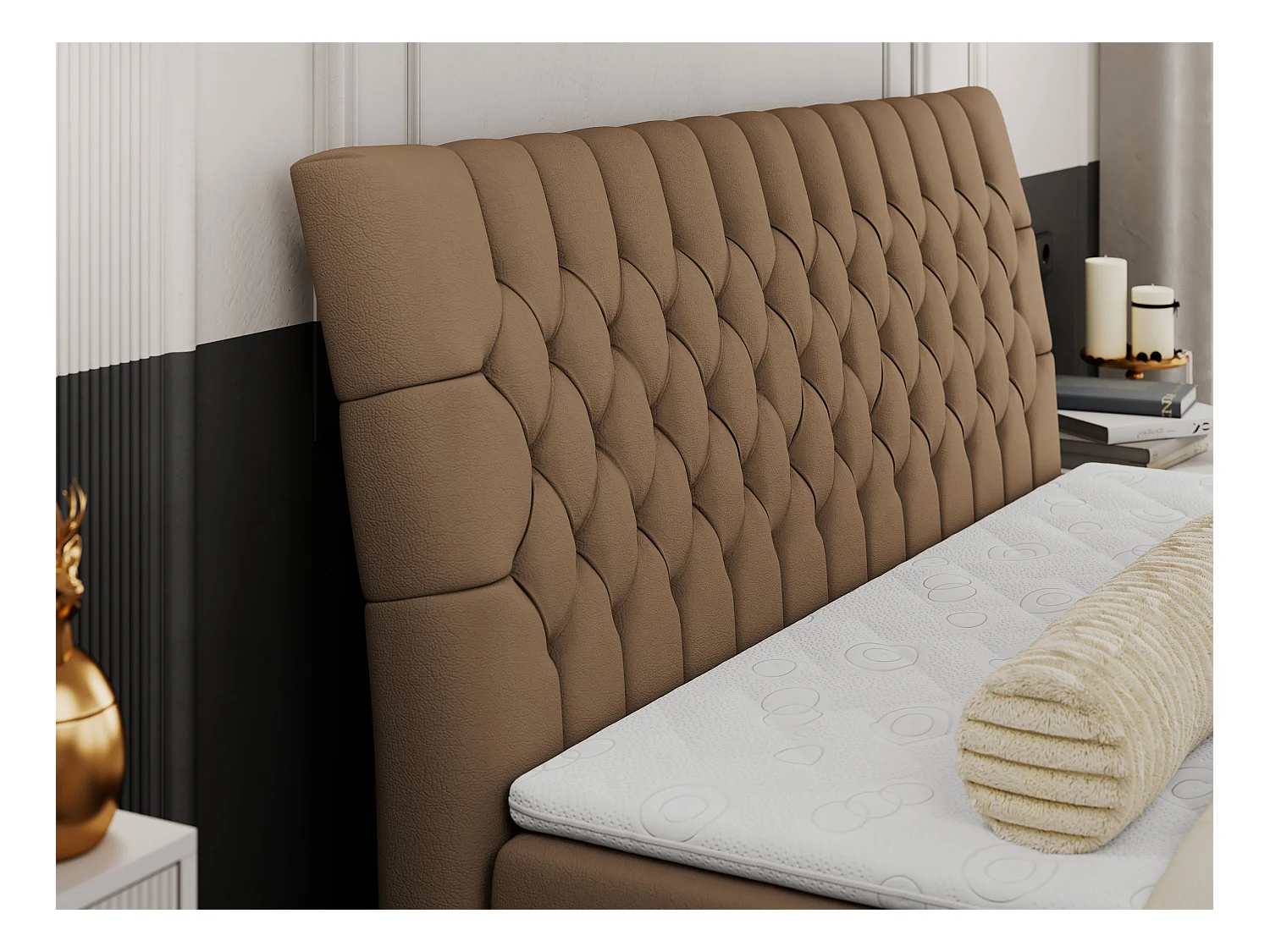 Boxspringbett MILEN - gepolstertes Schlafzimmerbett, zwei Multipocket-Matratze, dekorative hohe Beine - 180x200 cm - H4 - Braun Kunstleder