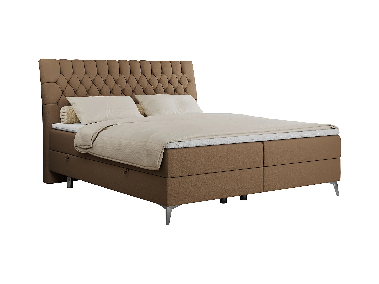Boxspringbett MILEN - gepolstertes Schlafzimmerbett, zwei Multipocket-Matratze, dekorative hohe Beine - 180x200 cm - H4 - Braun Kunstleder