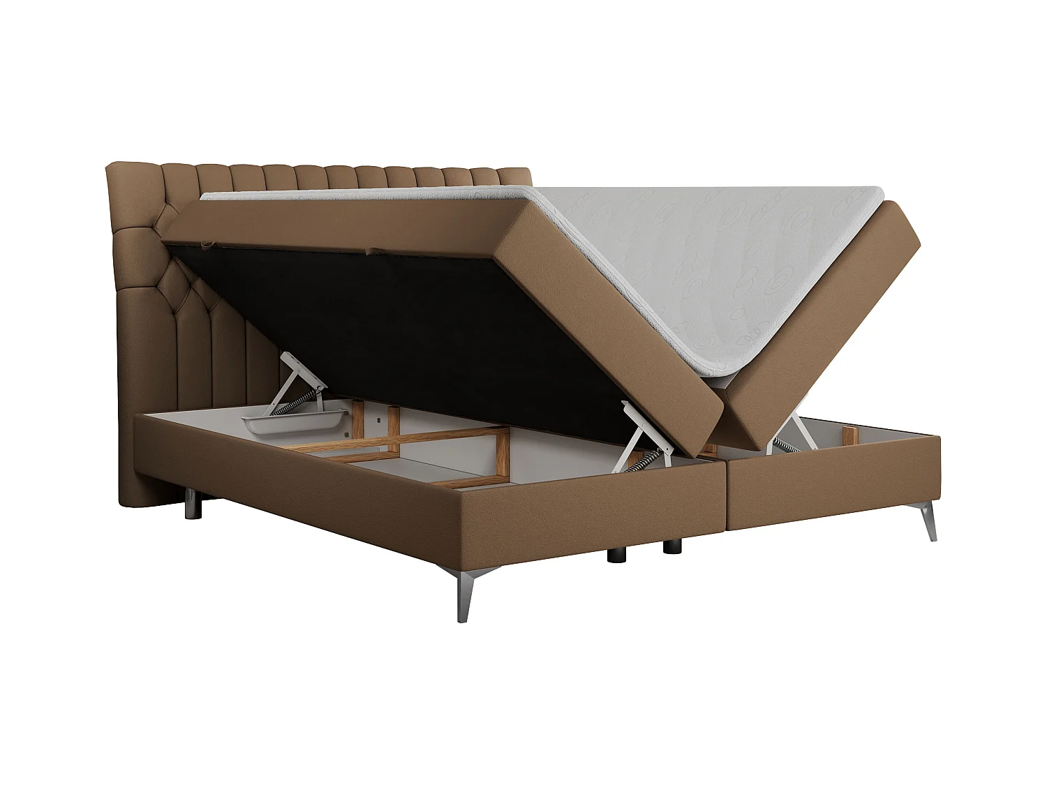 Boxspringbett MILEN - gepolstertes Schlafzimmerbett, zwei Multipocket-Matratze, dekorative hohe Beine - 180x200 cm - H4 - Braun Kunstleder