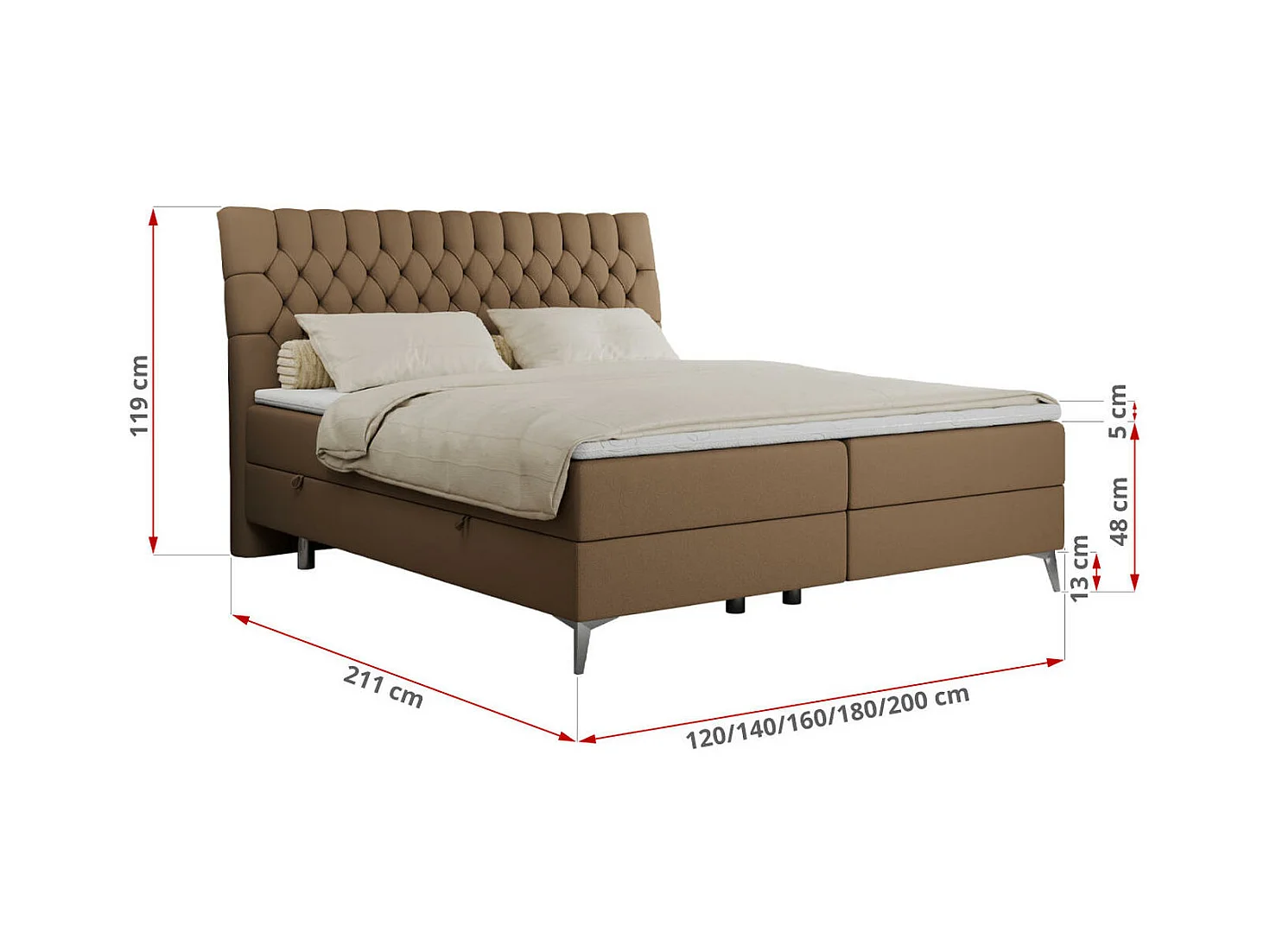 Boxspringbett MILEN - gepolstertes Schlafzimmerbett, zwei Multipocket-Matratze, dekorative hohe Beine - 180x200 cm - H4 - Braun Kunstleder