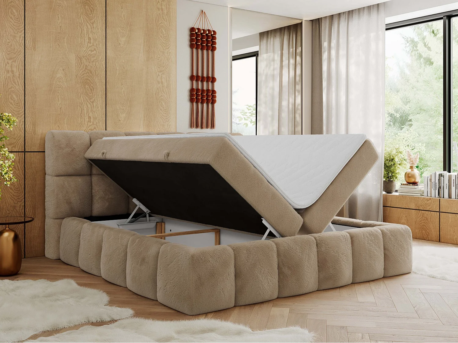 Boxspringbett NIRA - dekorativ kopfteil, Bettkästen und Multipocket-Matratze, Doppelbett für Schlafzimmer - 120x200 cm - H3 - Beige Plüsch