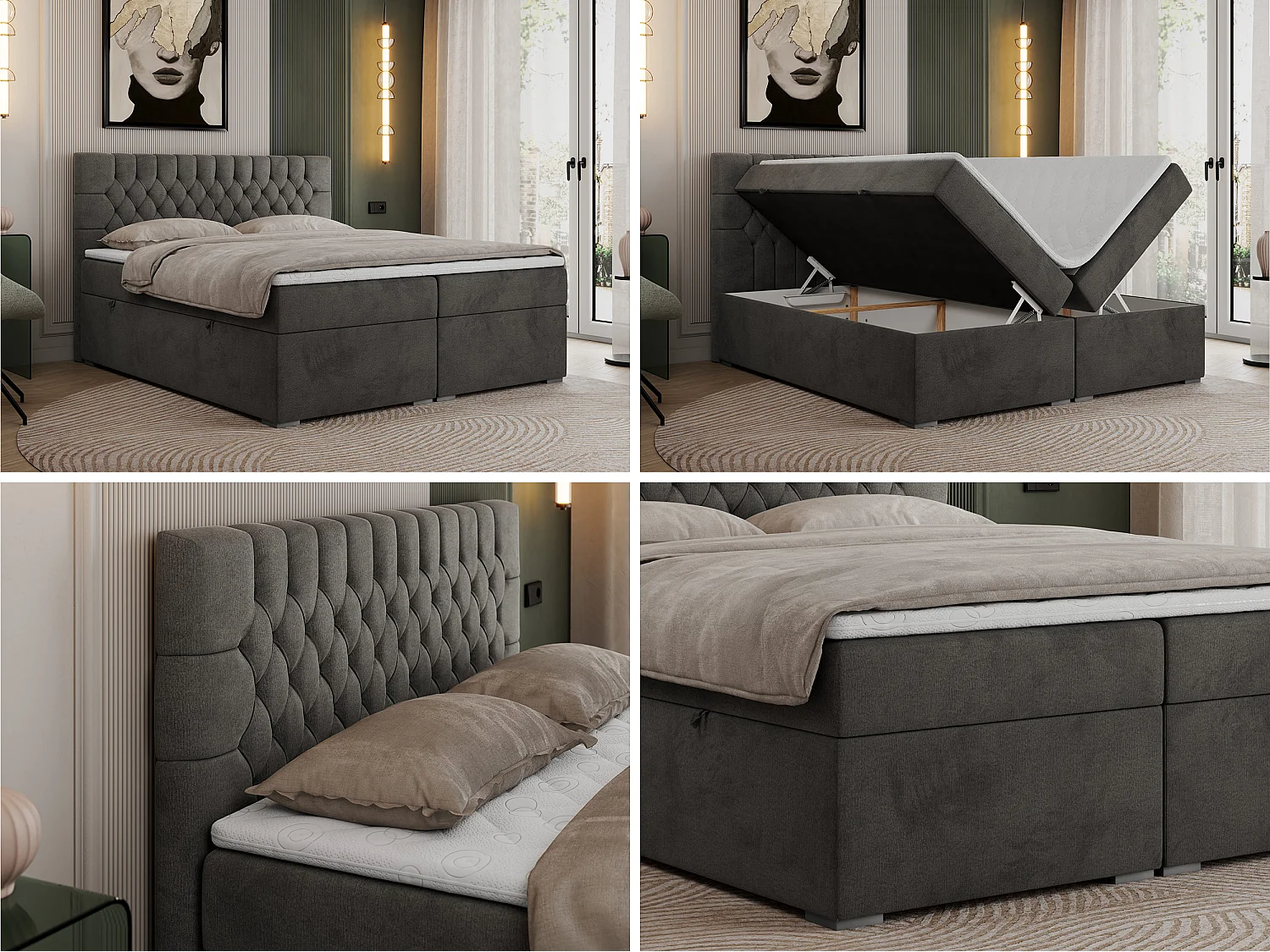 Boxspringbed met hoofdbord H3 + Topper T25 - Antraciet Fluweel - 160x200 - PERA