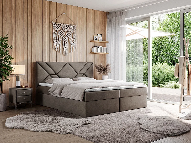 Boxspringbett NEOMI - dekorativem Kopfteil, Polsterbett mit Multipocket-Matratzen, zwei Bettkästen - 160x200 cm - H3 - Hellgrau Strukture