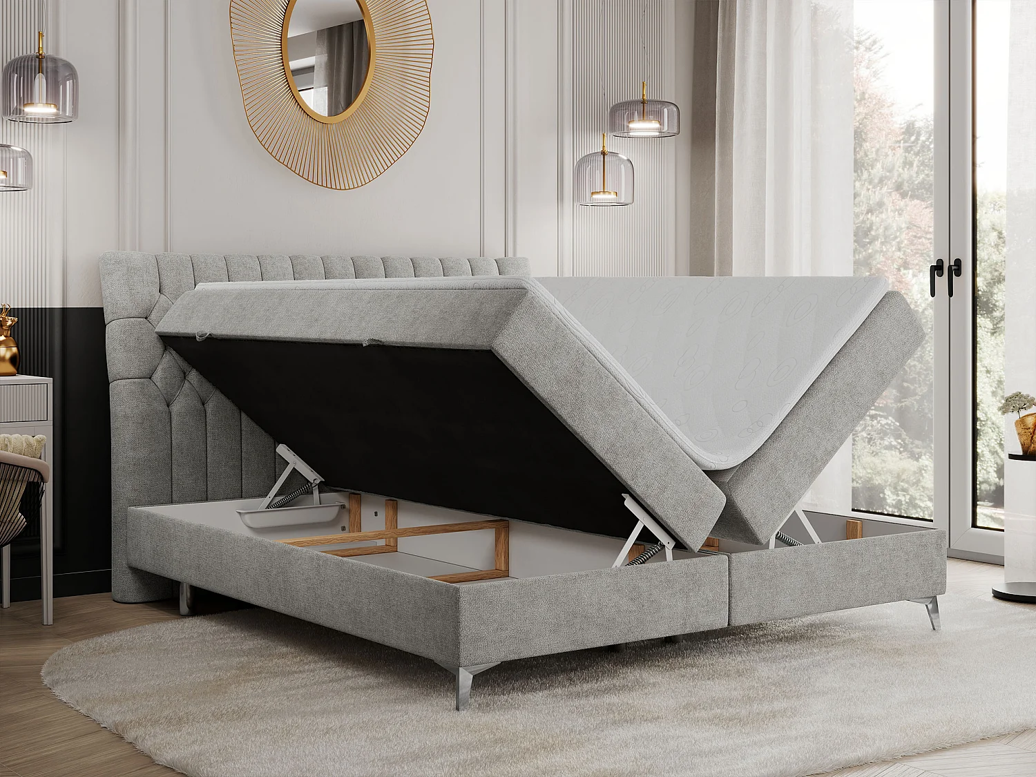 Boxspringbett MILEN - gepolstertes Schlafzimmerbett, zwei Multipocket-Matratze, dekorative hohe Beine - 120x200 cm - H4 - Hellgrau Strukture