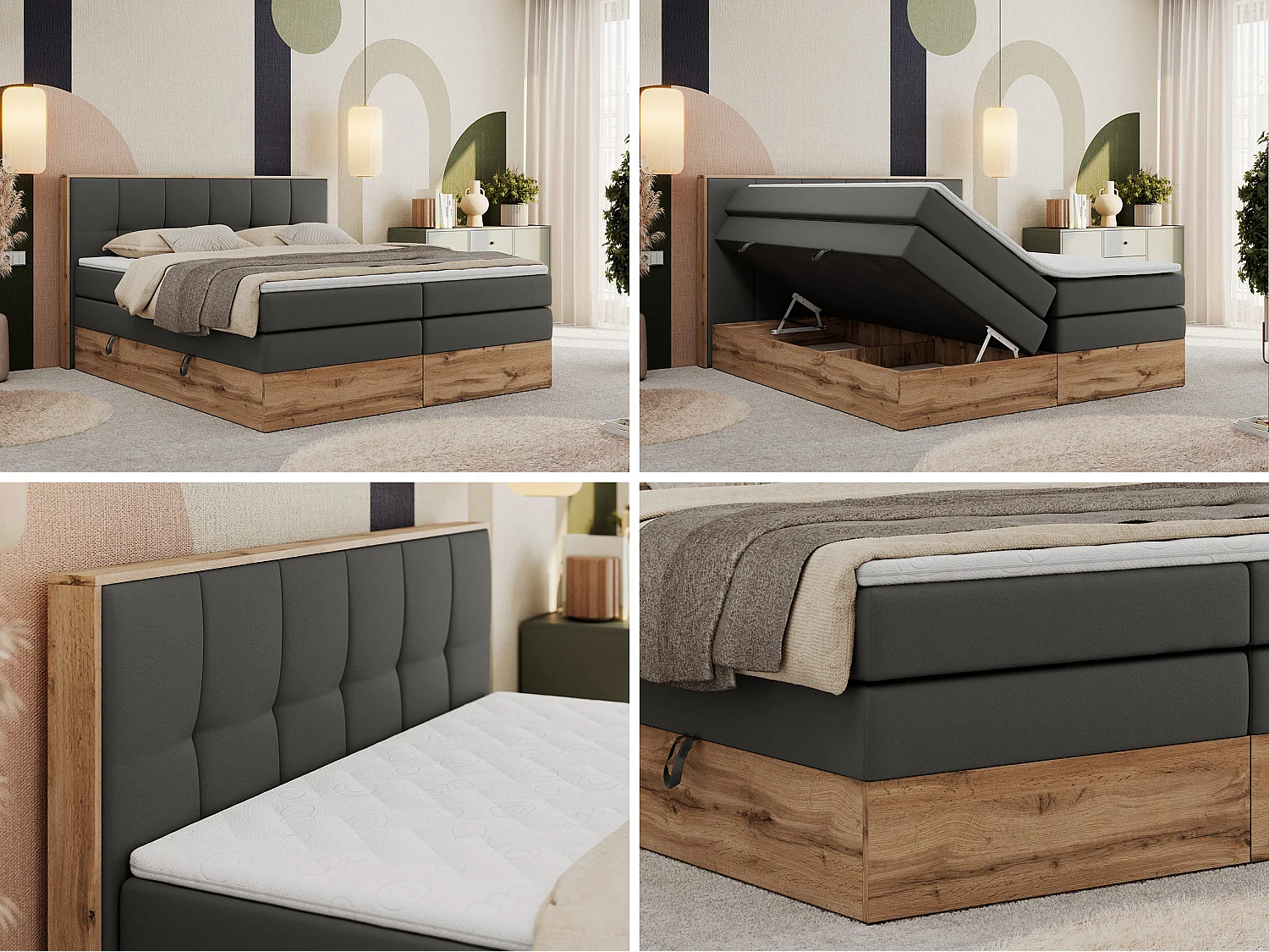 Boxspringbett ALBERO 1 KING - zwei 7 Härtezonen Multipocket-Matratzen, Doppelbett mit Stauraum, Eiche Wotan Holzrahmen - 120x200 cm - H3 - Dunkelgrau Kunstleder