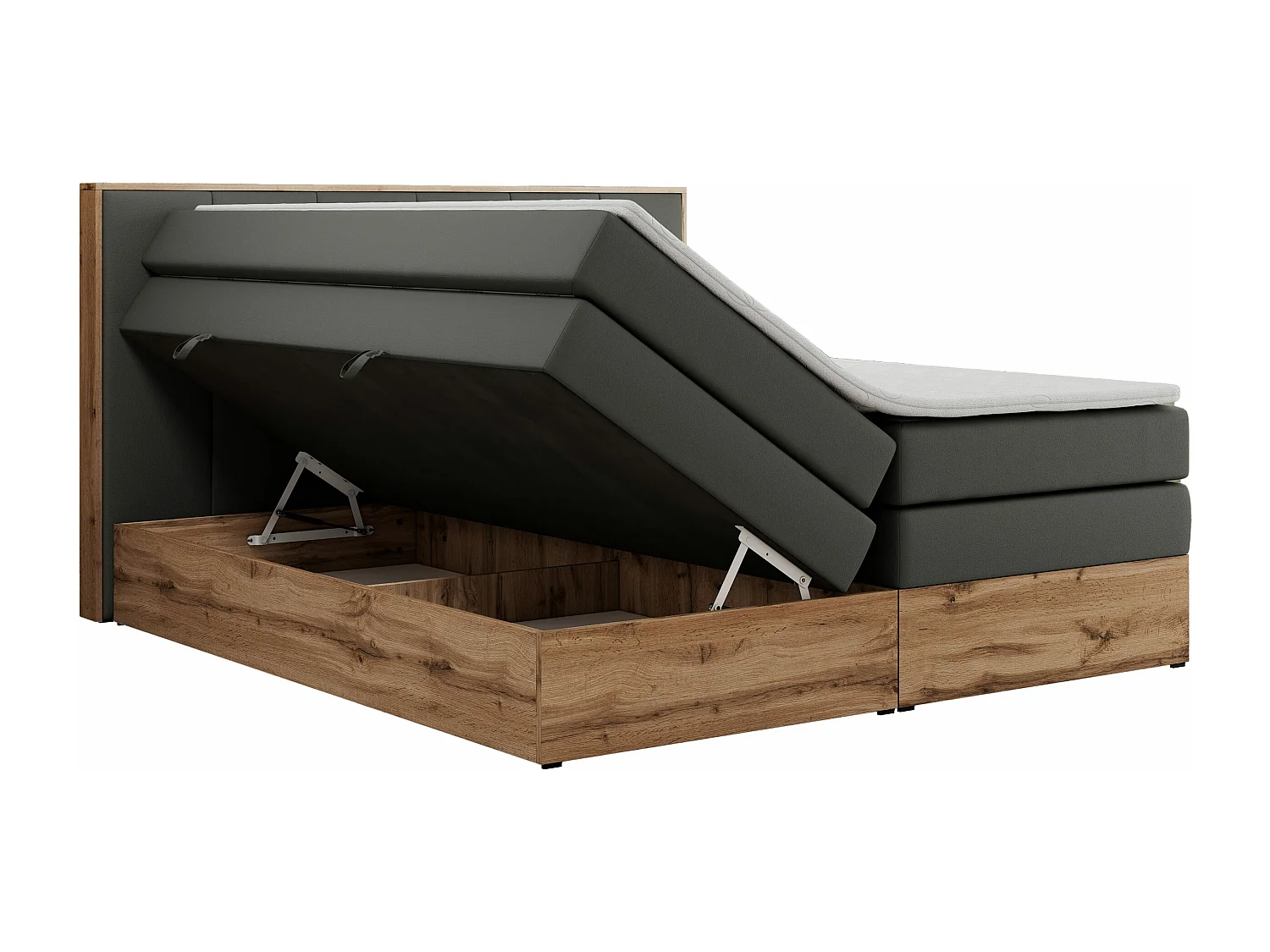 Boxspringbett ALBERO 1 KING - zwei 7 Härtezonen Multipocket-Matratzen, Doppelbett mit Stauraum, Eiche Wotan Holzrahmen - 120x200 cm - H3 - Dunkelgrau Kunstleder