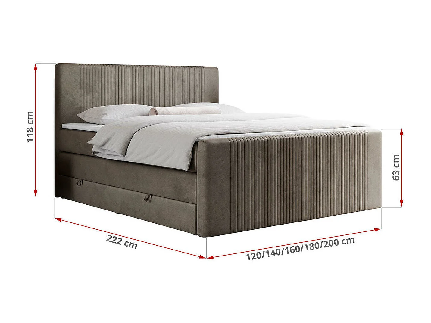 Boxspringbett DOREN KING - mit gesteppter Front und Kopfteil, zwei Multipocket-Matratzen und Topper, Doppelbett - 140x200 cm - H3 - Braun Velvet