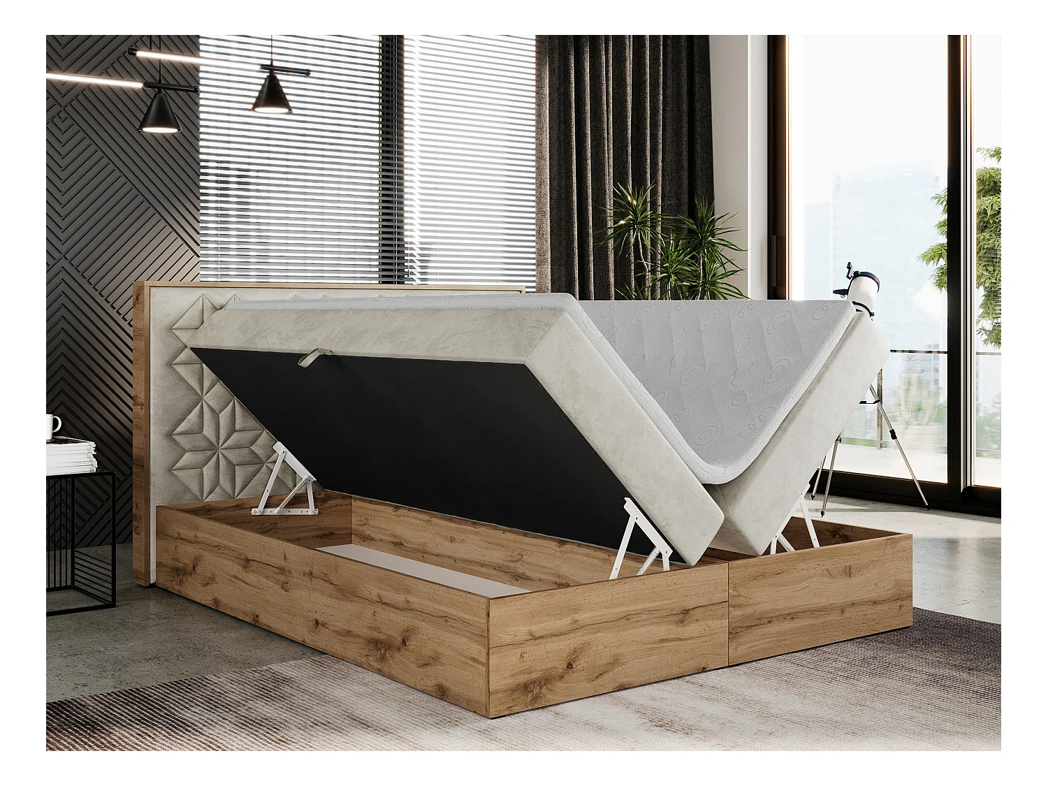 Boxspringbett NESSI - mit hoher Kopfstütze, Multipocket-Matratze und Topper, Doppelbett mit Bettkästen - 200x200 cm - H4 - Beige Velvet