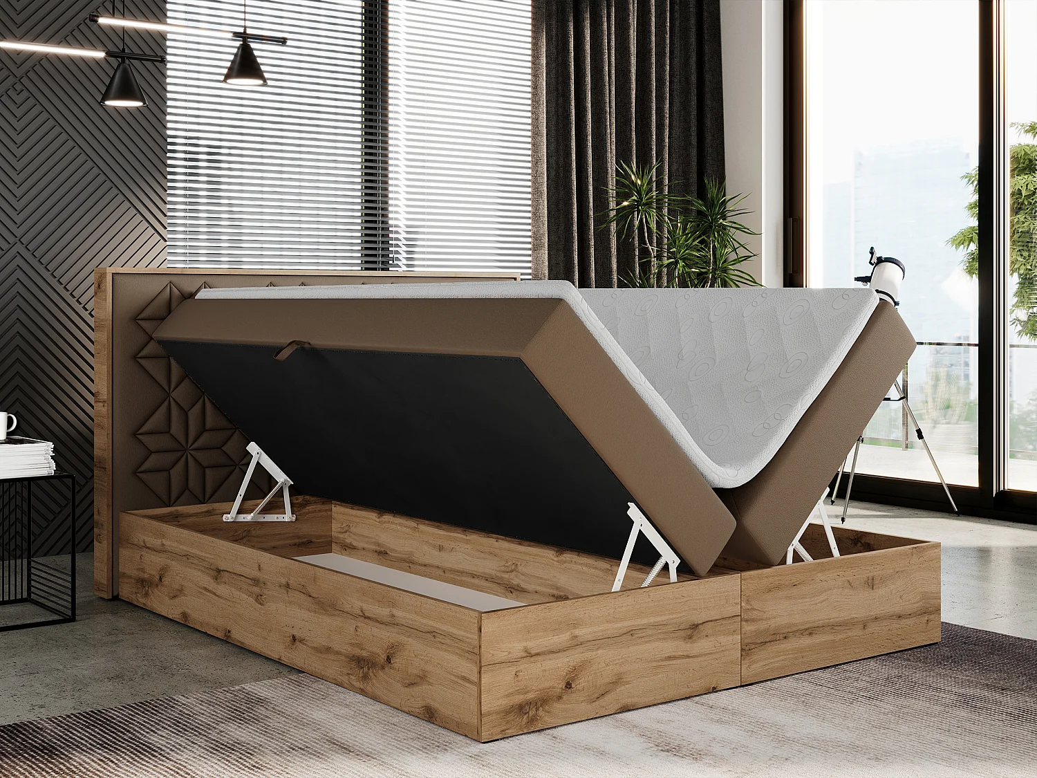 Boxspringbett NESSI - mit hoher Kopfstütze, Multipocket-Matratze und Topper, Doppelbett mit Bettkästen - 180x200 cm - H3 - Braun Kunstleder