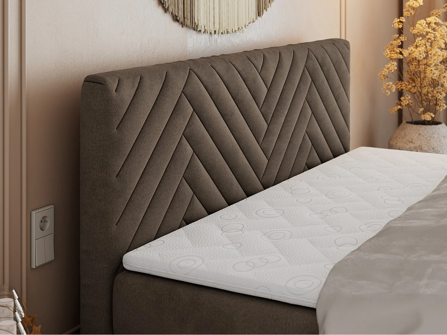 Boxspringbett PARIS KING DUO - dekorative Kopfstütze und Front, zwei Multipocket-Matratze mit Topper - 160x200 cm - H3 - Braun Velvet