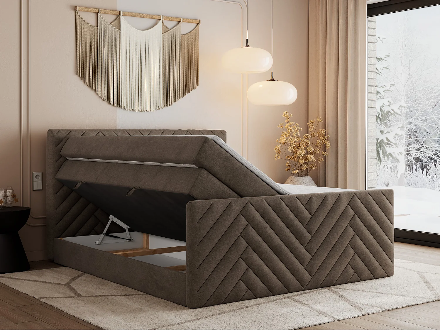 Boxspringbett PARIS KING DUO - dekorative Kopfstütze und Front, zwei Multipocket-Matratze mit Topper - 160x200 cm - H3 - Braun Velvet