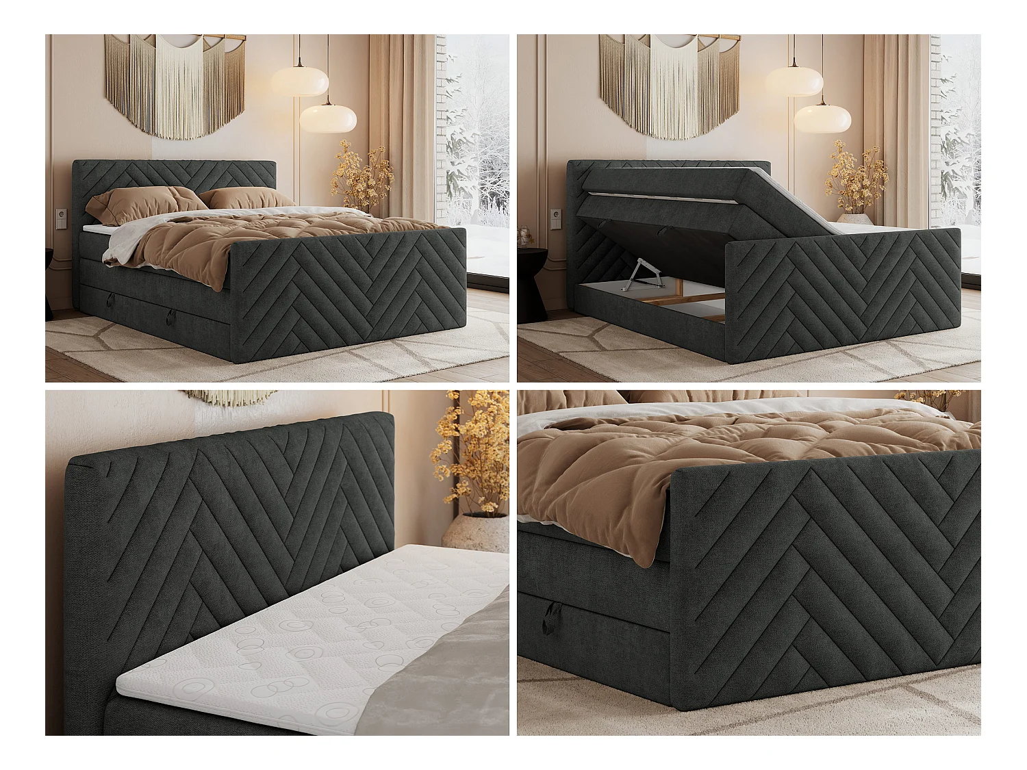 Boxspringbett PARIS KING DUO - dekorative Kopfstütze und Front, zwei Multipocket-Matratze mit Topper - 120x200 cm - H3 - Dunkelgrau Strukture