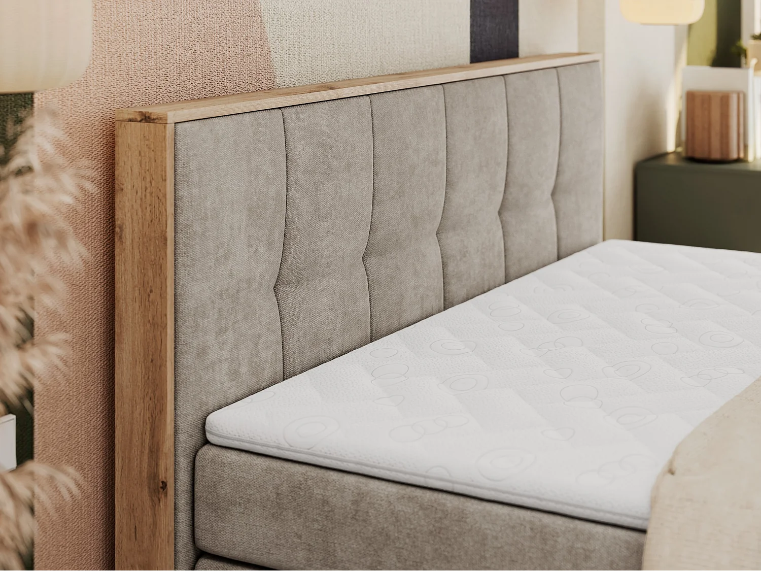 Boxspringbett ALBERO 1 KING - zwei 7 Härtezonen Multipocket-Matratzen, Doppelbett mit Stauraum, Eiche Wotan Holzrahmen - 140x200 cm - H4 - Beige Strukture