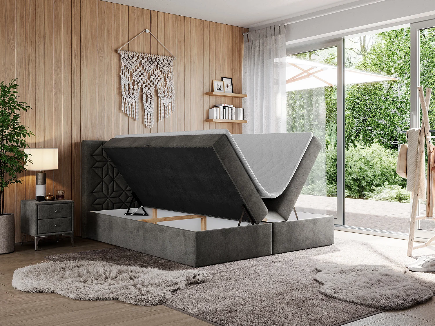 Boxspringbett LEILA - gestepptes Kopfteil,  7 Härtezonen Multipocket-Matratzen, Doppelbett mit Bettkästen - 120x200 cm - H4 - Dunkelgrau Velvet