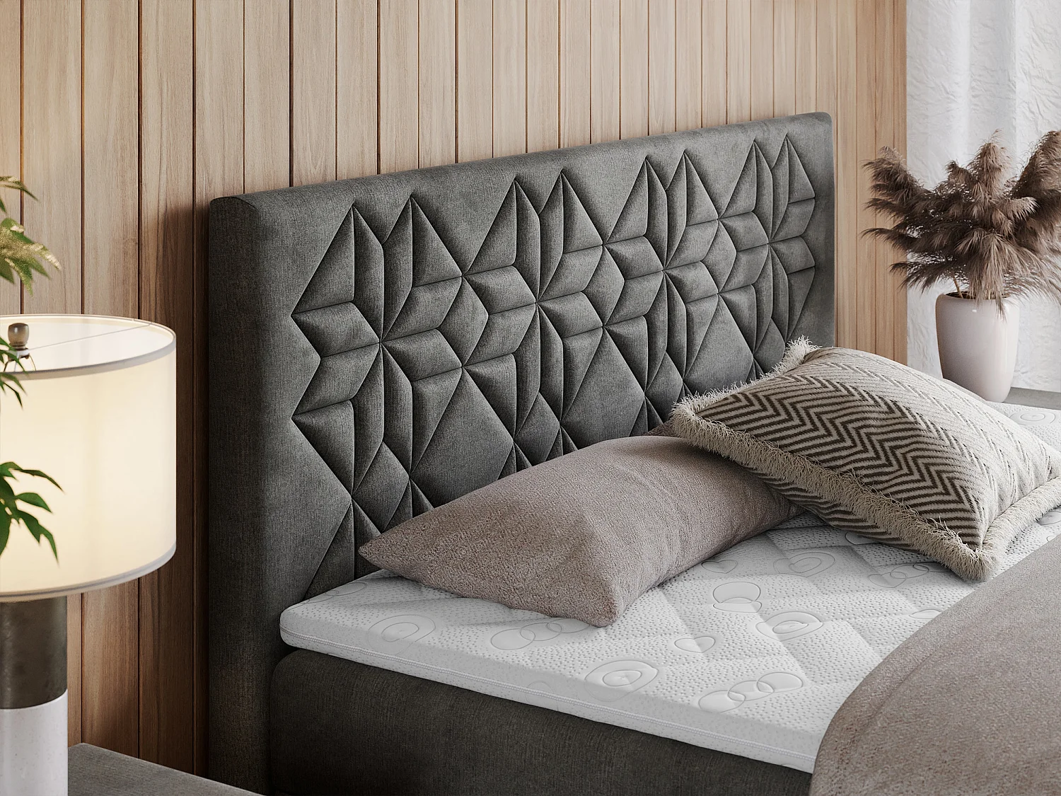 Boxspringbett LEILA - gestepptes Kopfteil,  7 Härtezonen Multipocket-Matratzen, Doppelbett mit Bettkästen - 120x200 cm - H4 - Dunkelgrau Velvet