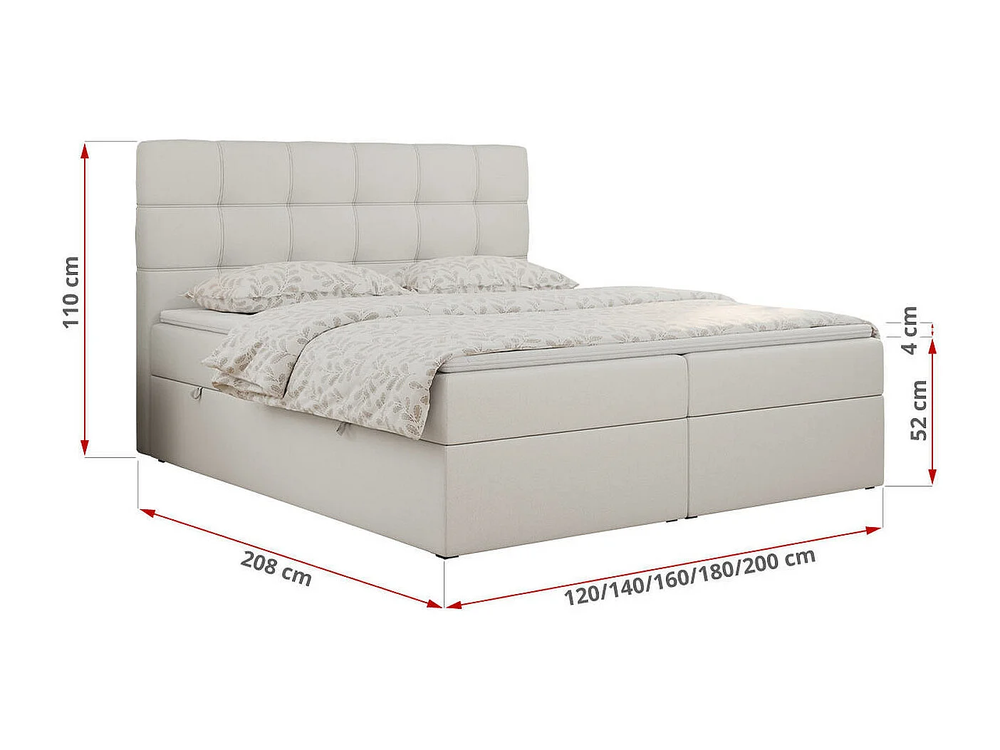 Boxspringbett ERNI - mit gestepptem Kopfteil, Polsterbett, Multipocket-Matratze und Topper, Bettkästen - 200x200 cm - H4 - Weiß Kunstleder