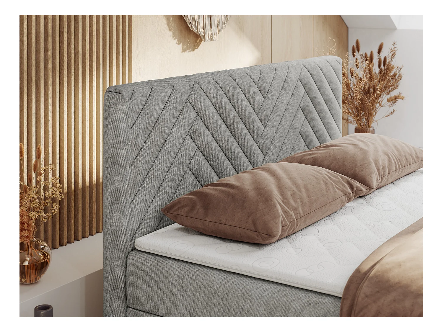 Boxspringbett PARIS DUO - Polsterbett mit genähtem Kopfteil und Frontplatte, Doppelbett, zwei Bettkästen - 120x200 cm - H4 - Hellgrau Strukture