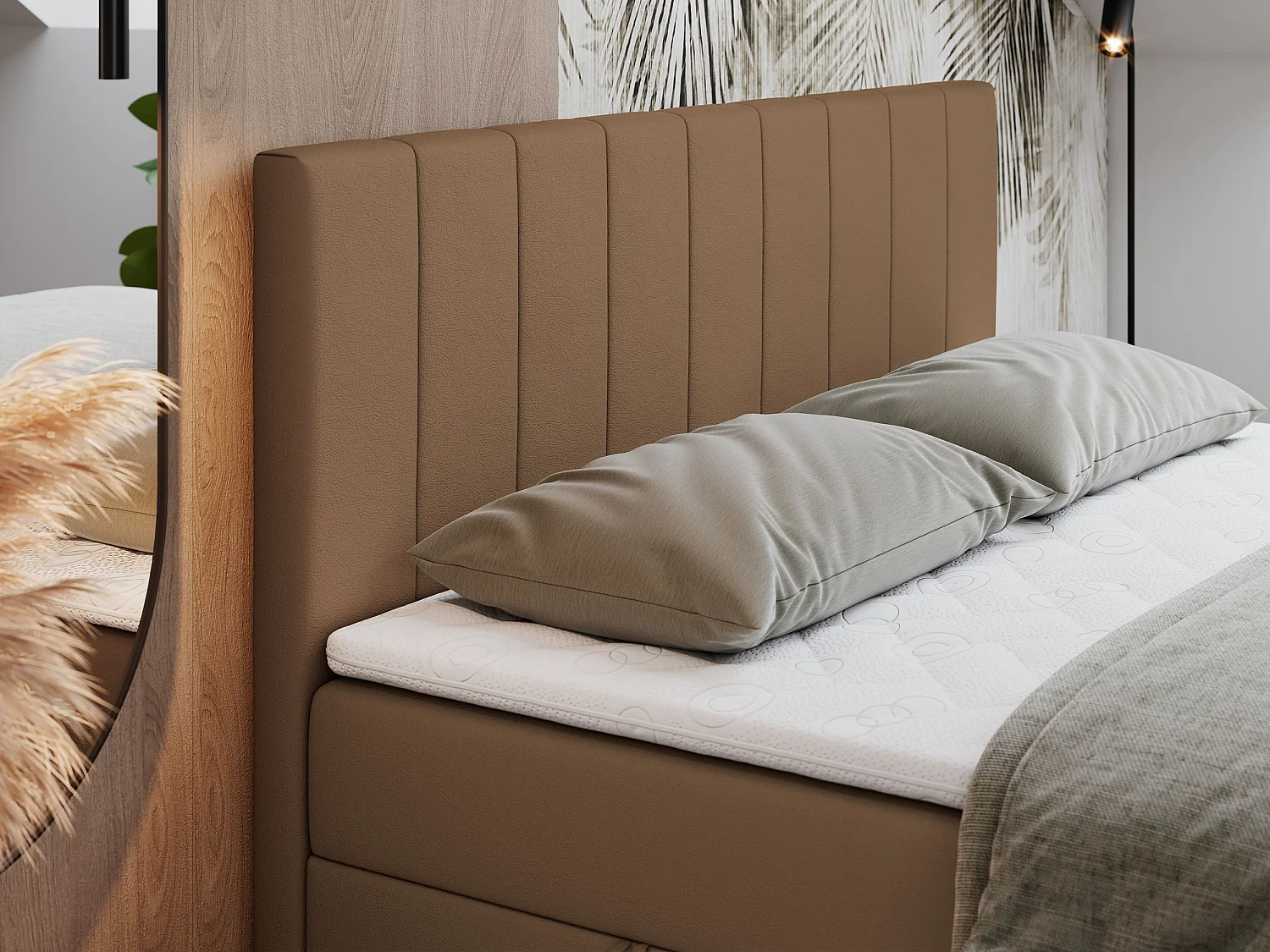 Boxspringbett LOPE - genähtes Kopfteil, Doppelbett mit Stauraum, Multipocket-Matratze, Topper - 200x200 cm - H3 - Braun Kunstleder