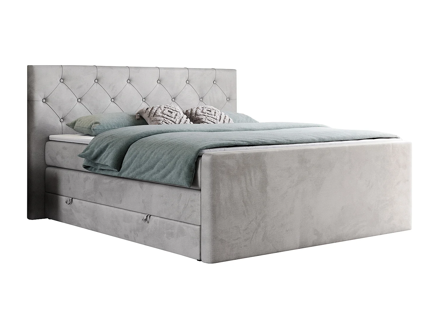 Boxspringbett VELEN KING - Doppelbett mit gestepptem Kopfteil, zwei Multipocket-Matratzen, Polsterbett mit Kopfstütze - 200x200 cm - H3 - Hellgrau Velvet