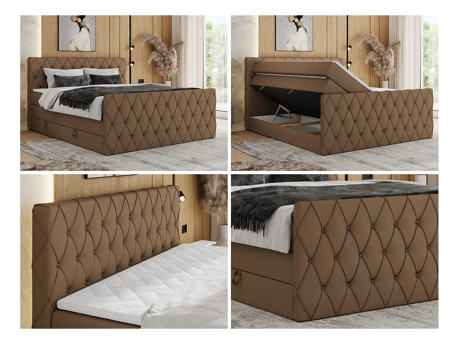 Boxspringbett MIREN KING DUO - für Schlafzimmer mit zwei Multipocket-Matratzen und Topper, gestepptes Kopfteil und Front  - 200x200 cm - H4 - Braun Kunstleder