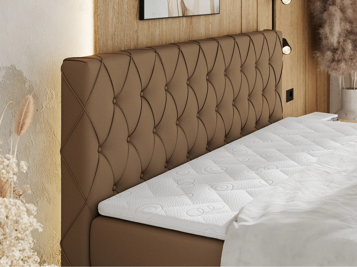 Boxspringbett MIREN KING DUO - für Schlafzimmer mit zwei Multipocket-Matratzen und Topper, gestepptes Kopfteil und Front  - 200x200 cm - H4 - Braun Kunstleder