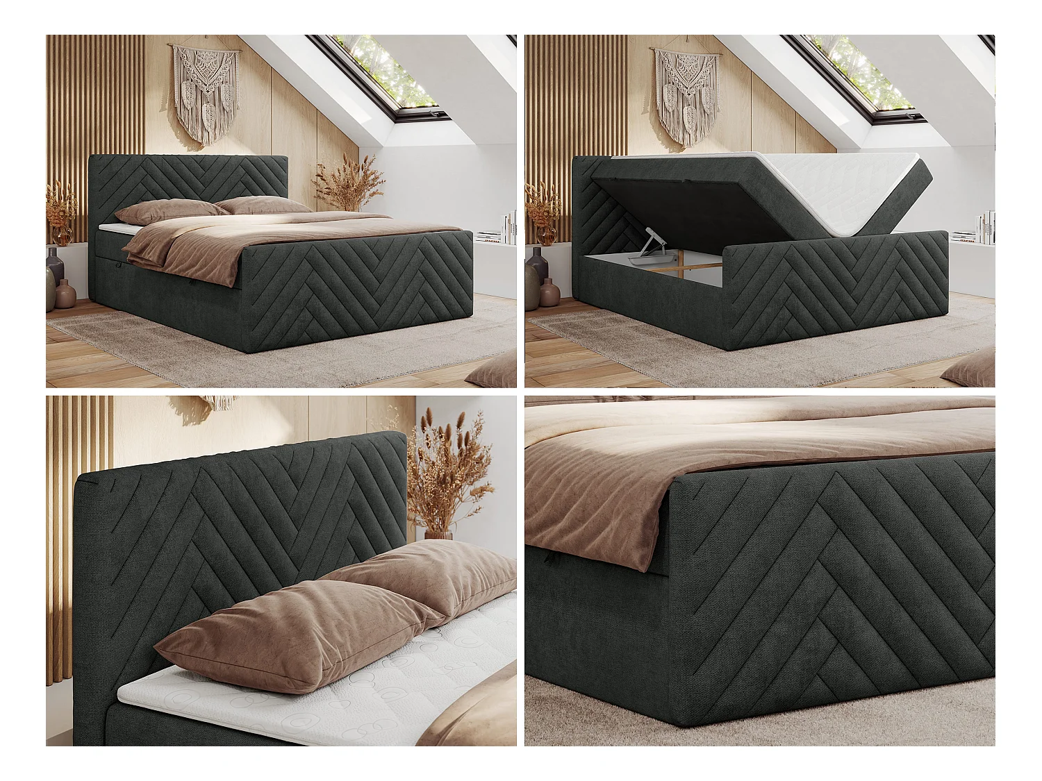 Boxspringbett PARIS DUO - Polsterbett mit genähtem Kopfteil und Frontplatte, Doppelbett, zwei Bettkästen - 200x200 cm - H4 - Dunkelgrau Strukture