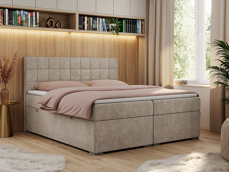 Boxspringbett CARMEN - Polsterbett mit zwei Bettkästen, gesteppte Kopfstütze, Multipocket-Matratze - 160x200 cm - H4 - Beige Stukture