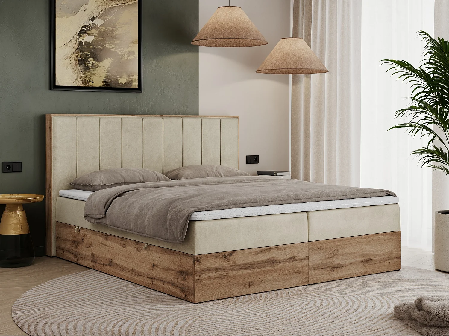 Boxspringbett BELLISSIMO - mit gestepptem Kopfteil, Polsterbett mit zwei Bettkästen, Multipocket-Matratze - 200x200 cm - H4 - Beige Velvet