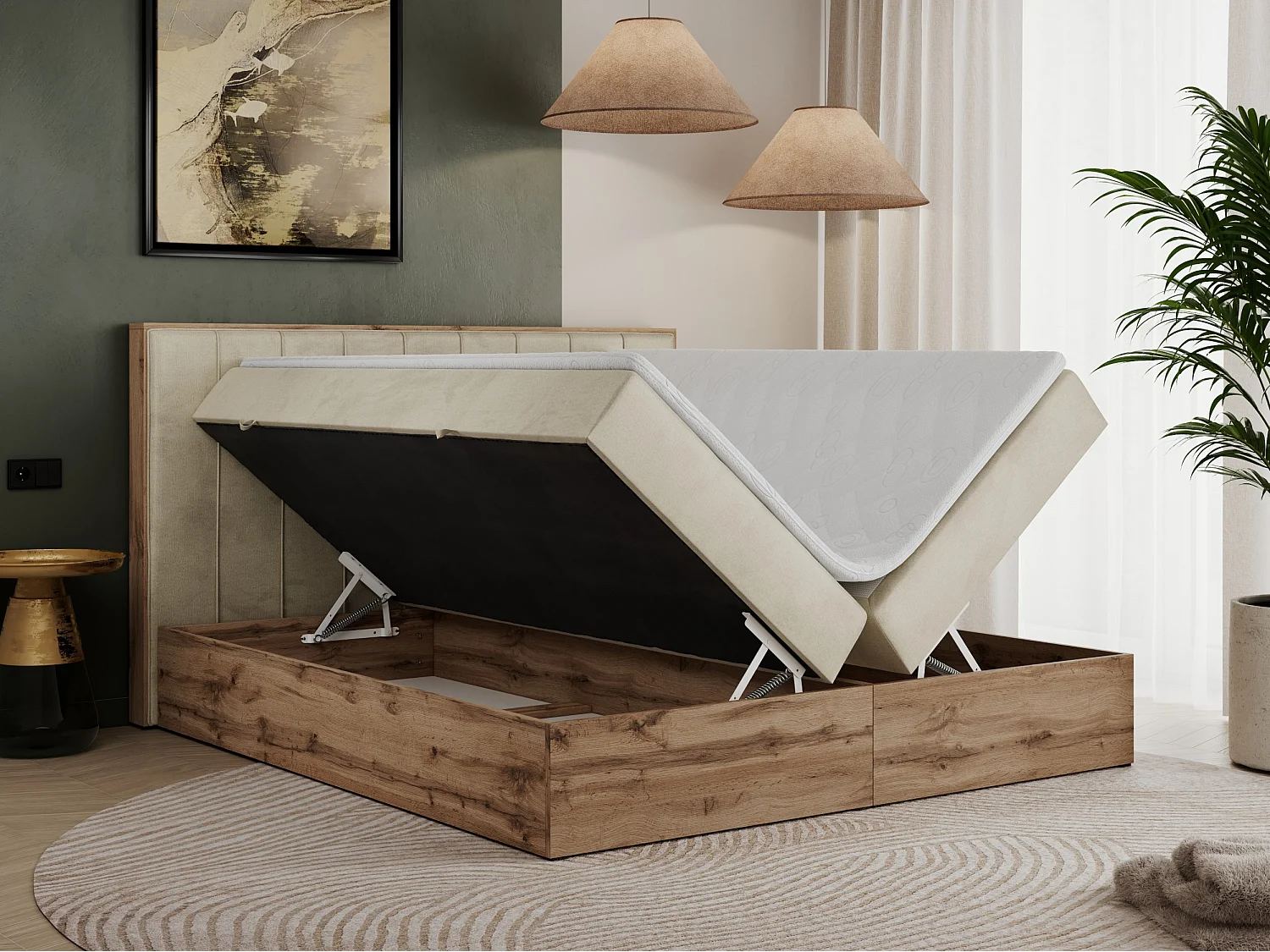 Boxspringbett BELLISSIMO - mit gestepptem Kopfteil, Polsterbett mit zwei Bettkästen, Multipocket-Matratze - 200x200 cm - H4 - Beige Velvet