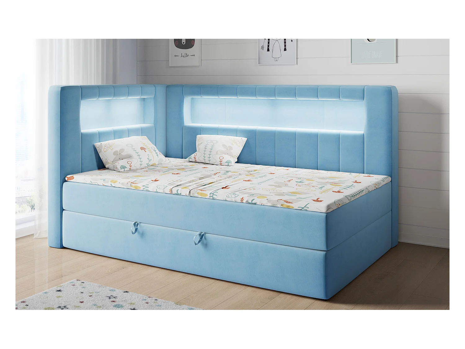 Kinderbett JUNIOR GOLD 3 - Einzelbett mit Matratze, LED-Beleuchtung, Bettkasten - 90x200 cm - Links Seite