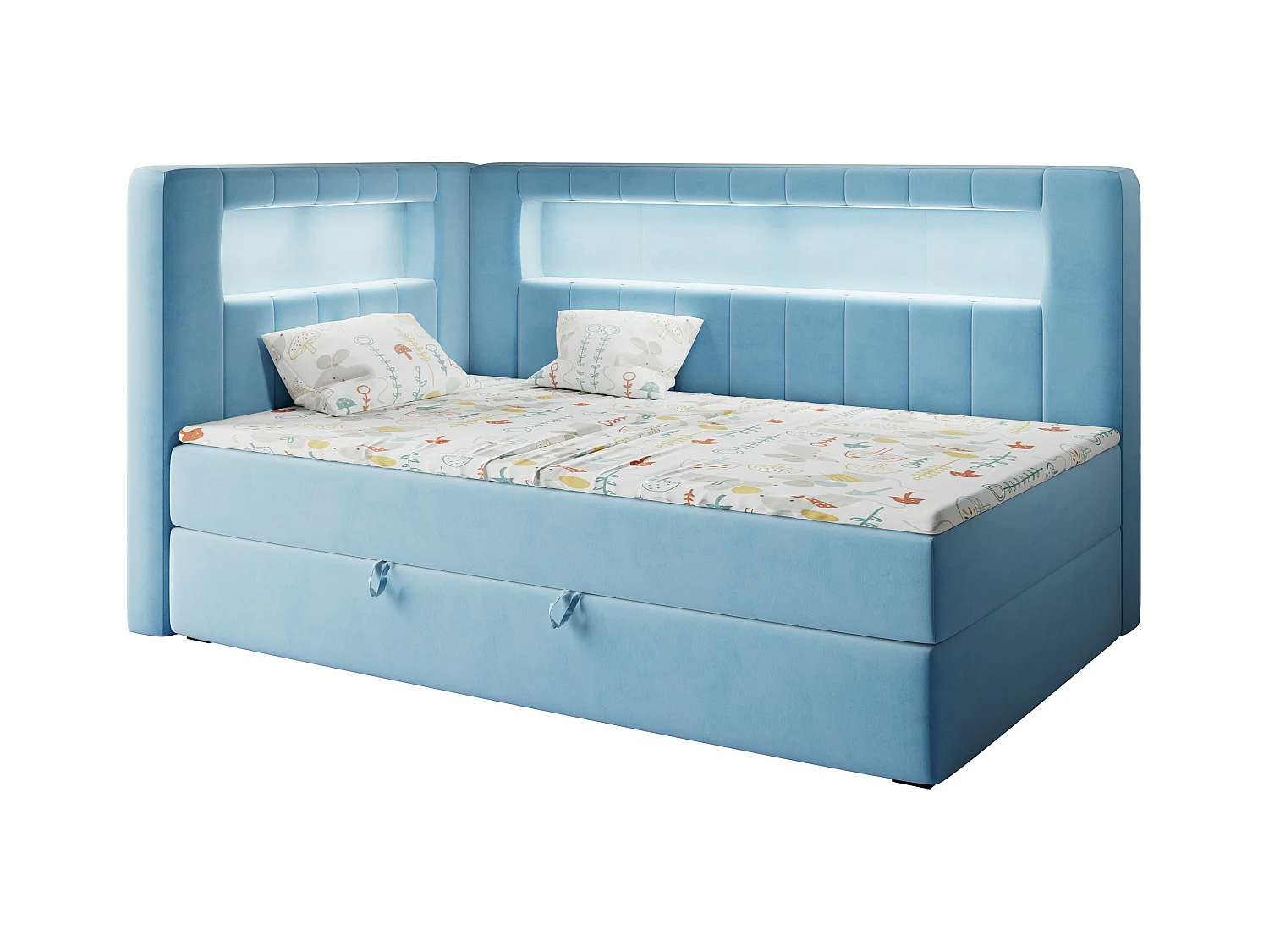 Kinderbett JUNIOR GOLD 3 - Einzelbett mit Matratze, LED-Beleuchtung, Bettkasten - 90x200 cm - Links Seite