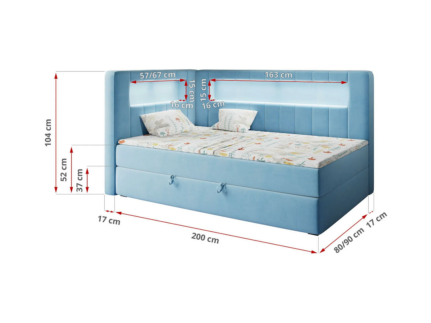 Kinderbett JUNIOR GOLD 3 - Einzelbett mit Matratze, LED-Beleuchtung, Bettkasten - 90x200 cm - Links Seite