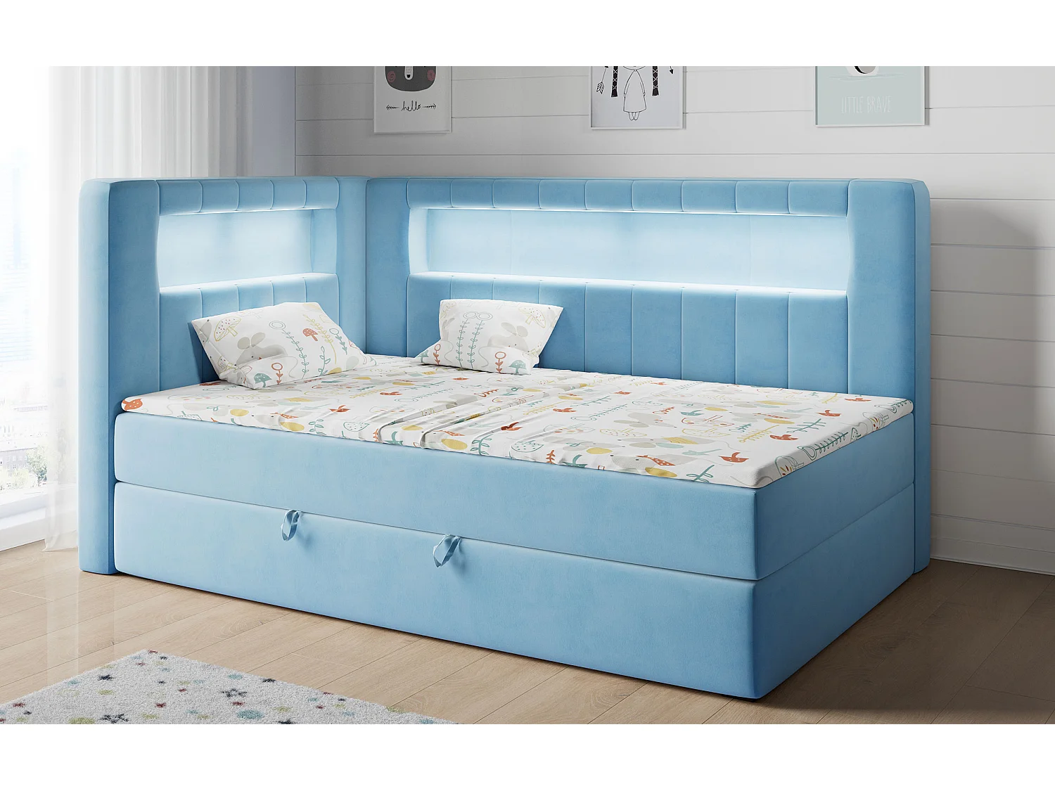 Kinderbett JUNIOR GOLD 3 - Einzelbett mit Matratze, LED-Beleuchtung, Bettkasten - 90x200 cm - Links Seite