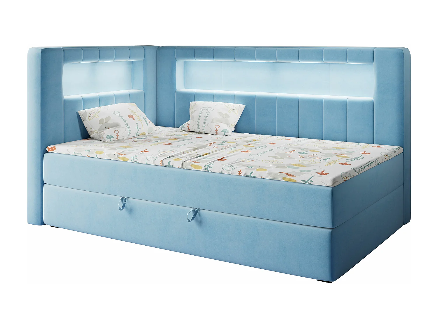 Kinderbett JUNIOR GOLD 3 - Einzelbett mit Matratze, LED-Beleuchtung, Bettkasten - 90x200 cm - Links Seite