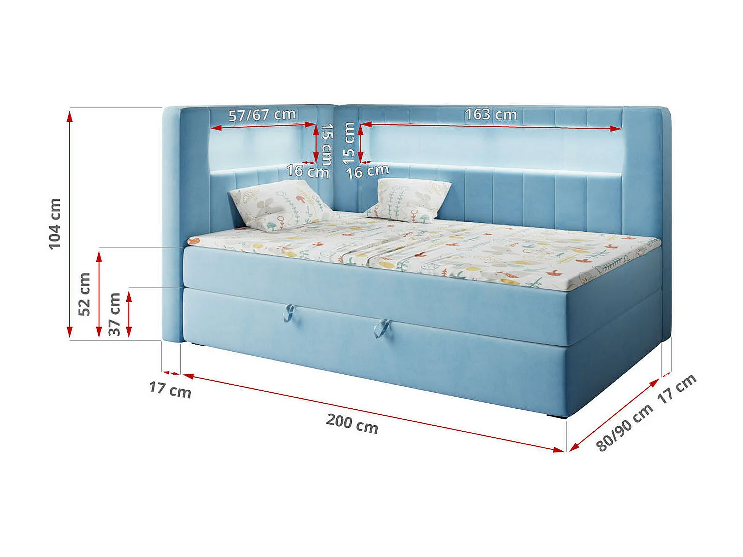 Kinderbett JUNIOR GOLD 3 - Einzelbett mit Matratze, LED-Beleuchtung, Bettkasten - 90x200 cm - Links Seite