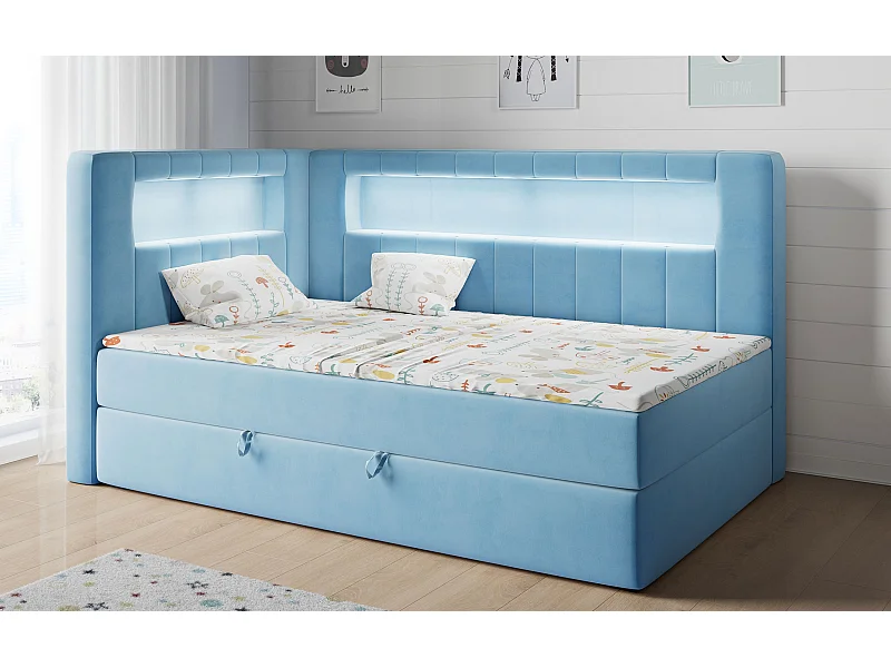 Kinderbett JUNIOR GOLD 3 - Einzelbett mit Matratze, LED-Beleuchtung, Bettkasten - 90x200 cm - Links Seite