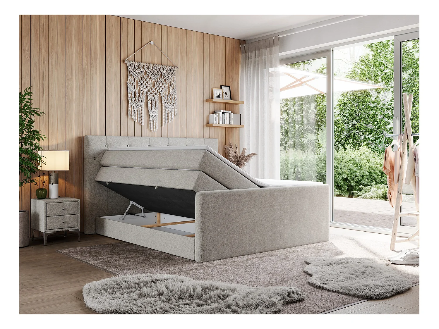 Boxspringbett VELEN KING - Doppelbett mit gestepptem Kopfteil, zwei Multipocket-Matratzen, Polsterbett mit Kopfstütze - 140x200 cm - H3 - Beige Strukture