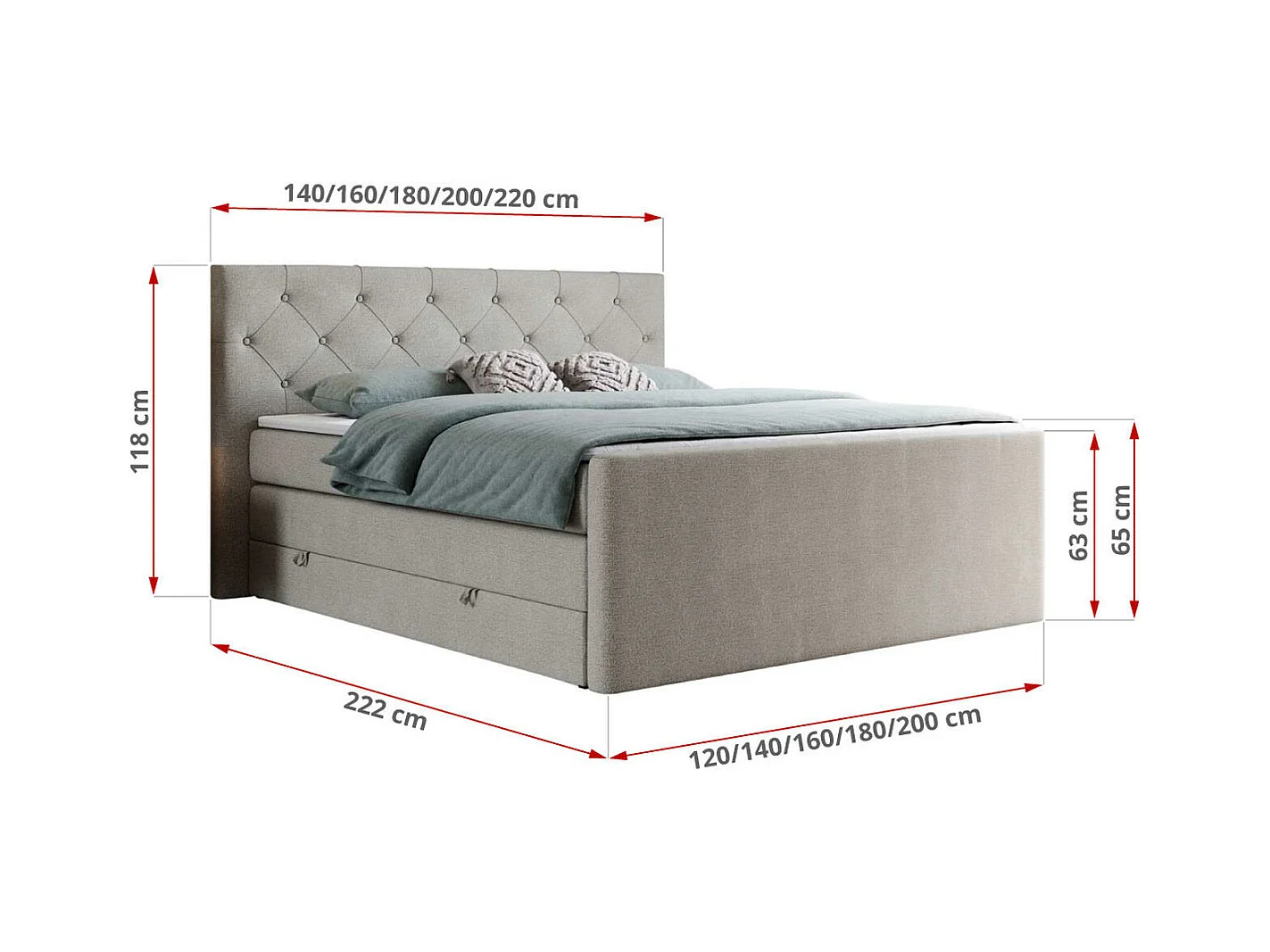 Boxspringbett VELEN KING - Doppelbett mit gestepptem Kopfteil, zwei Multipocket-Matratzen, Polsterbett mit Kopfstütze - 140x200 cm - H3 - Beige Strukture