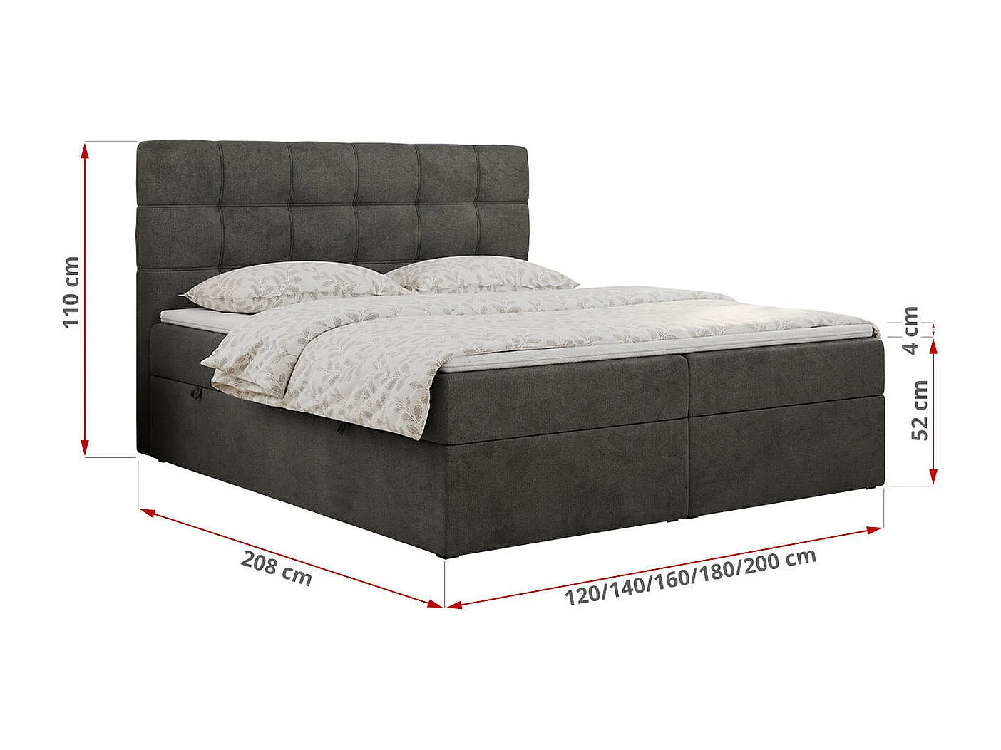 Boxspringbett ERNI - mit gestepptem Kopfteil, Polsterbett, Multipocket-Matratze und Topper, Bettkästen - 200x200 cm - H3 - Dunkelgrau Velvet