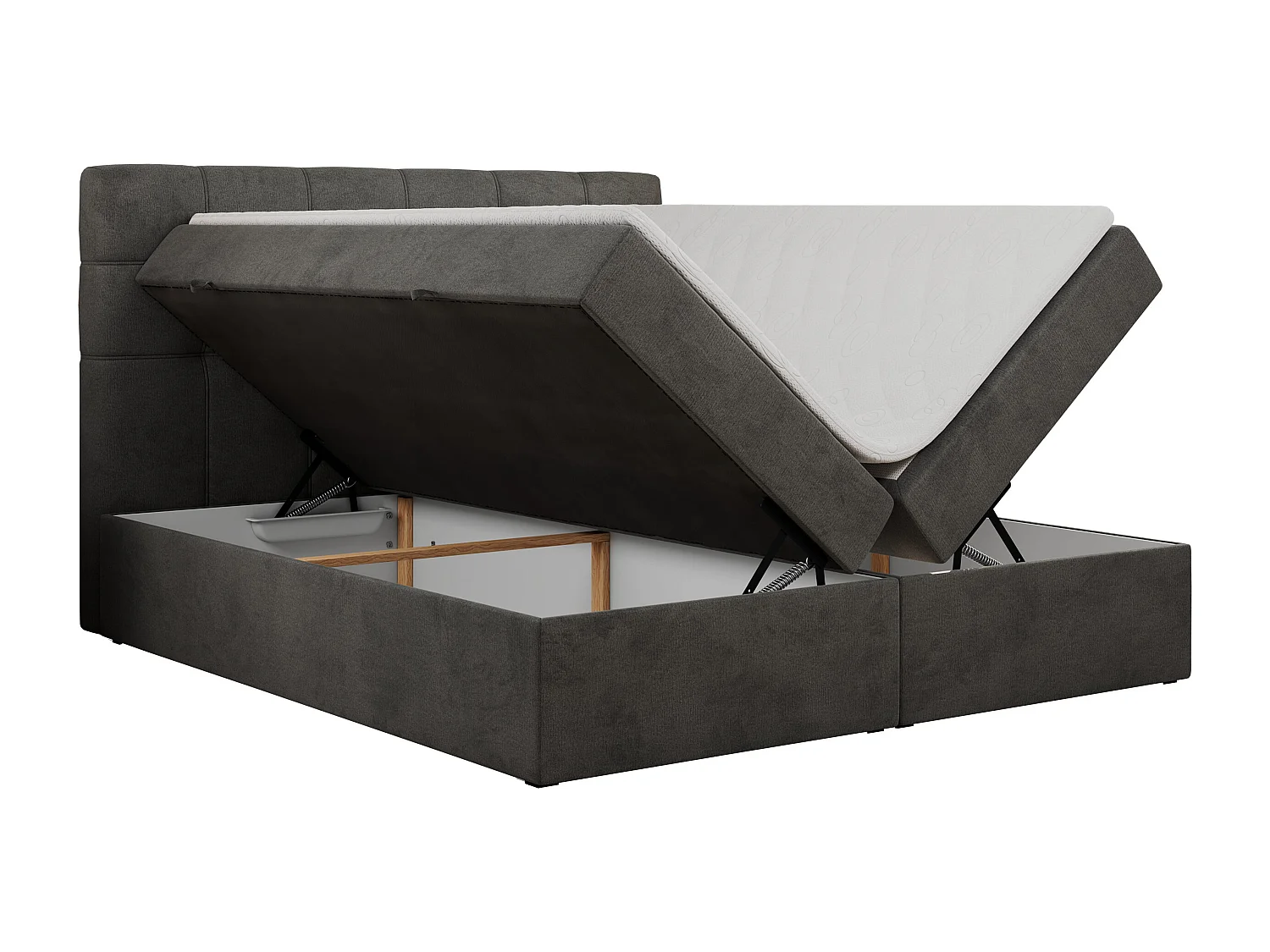 Boxspringbett ERNI - mit gestepptem Kopfteil, Polsterbett, Multipocket-Matratze und Topper, Bettkästen - 200x200 cm - H3 - Dunkelgrau Velvet