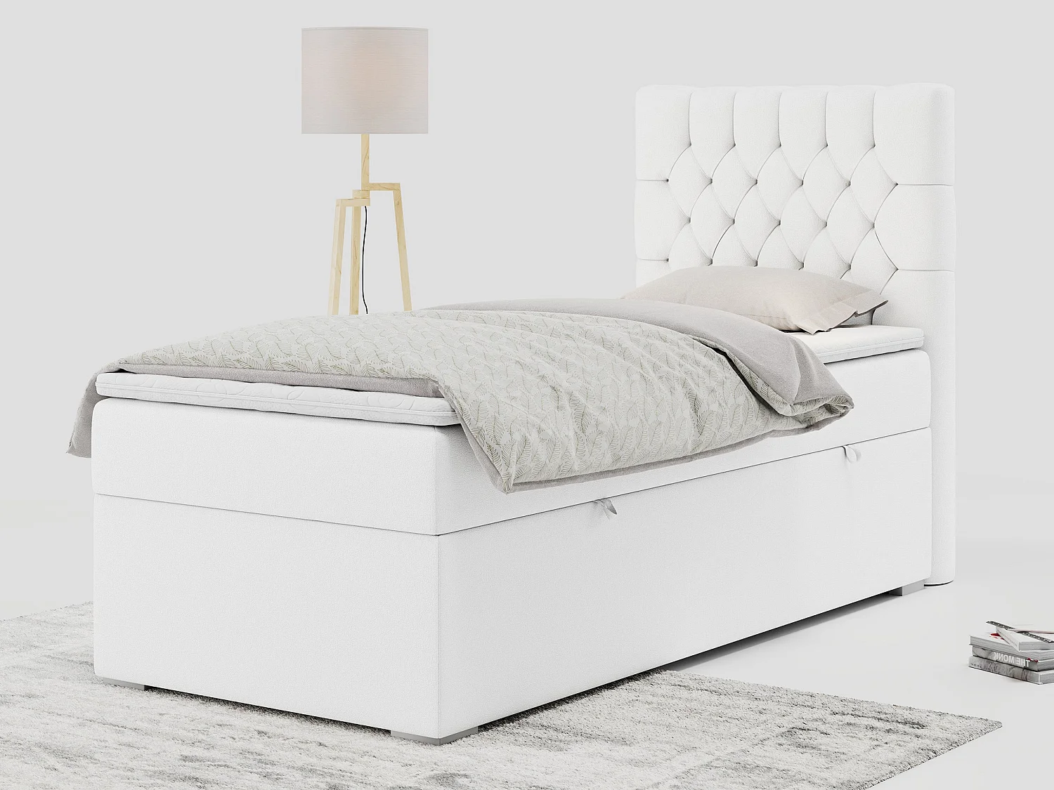 Boxspringbett PERA - Einzelbett mit Kopfstütze, Polsterbett, Multipocket-Matratze, genähtes Kopfteil - 90x200 cm - H4 - Weiß Kunstleder - Rechts Seite